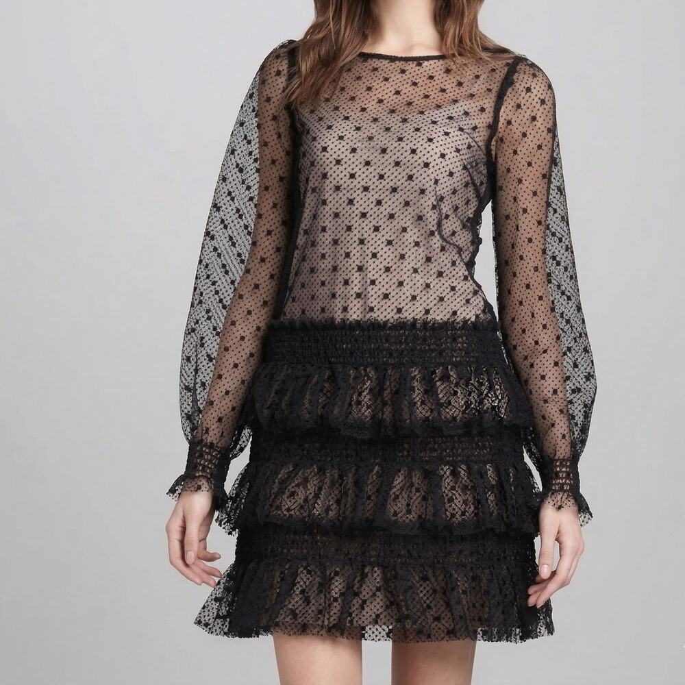 Red Valentino by Valentino Dress Womens IT 48/US 12 Black Tulle Tiered Dot Mini